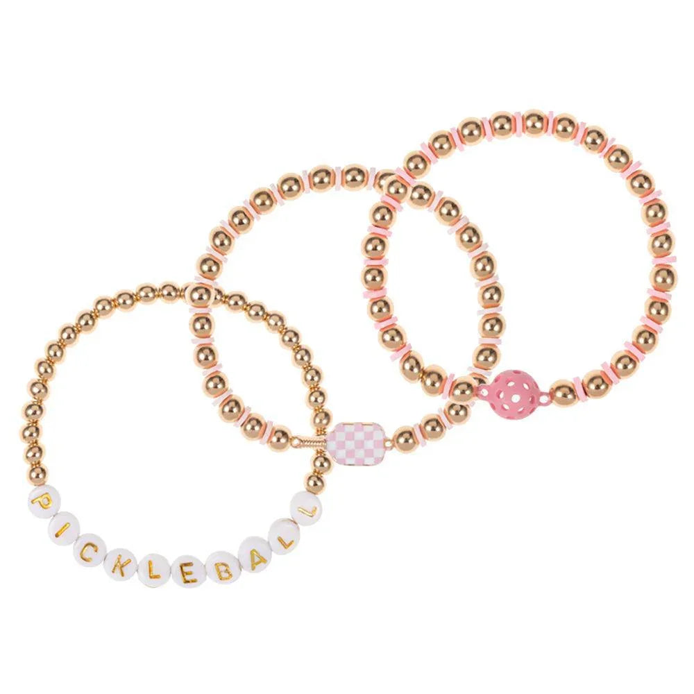 Pink 3PCS - Pickle Ball Message Enamel Pickle Ball Paddle Pointed Beaded Stretch Multi Layered Bracelets - Jewelry Store by Erik Rayo