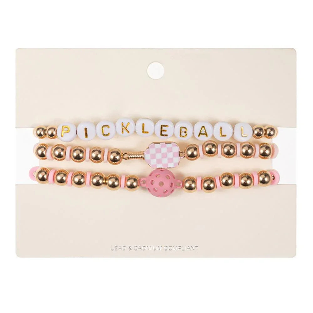 Pink 3PCS - Pickle Ball Message Enamel Pickle Ball Paddle Pointed Beaded Stretch Multi Layered Bracelets - Jewelry Store by Erik Rayo
