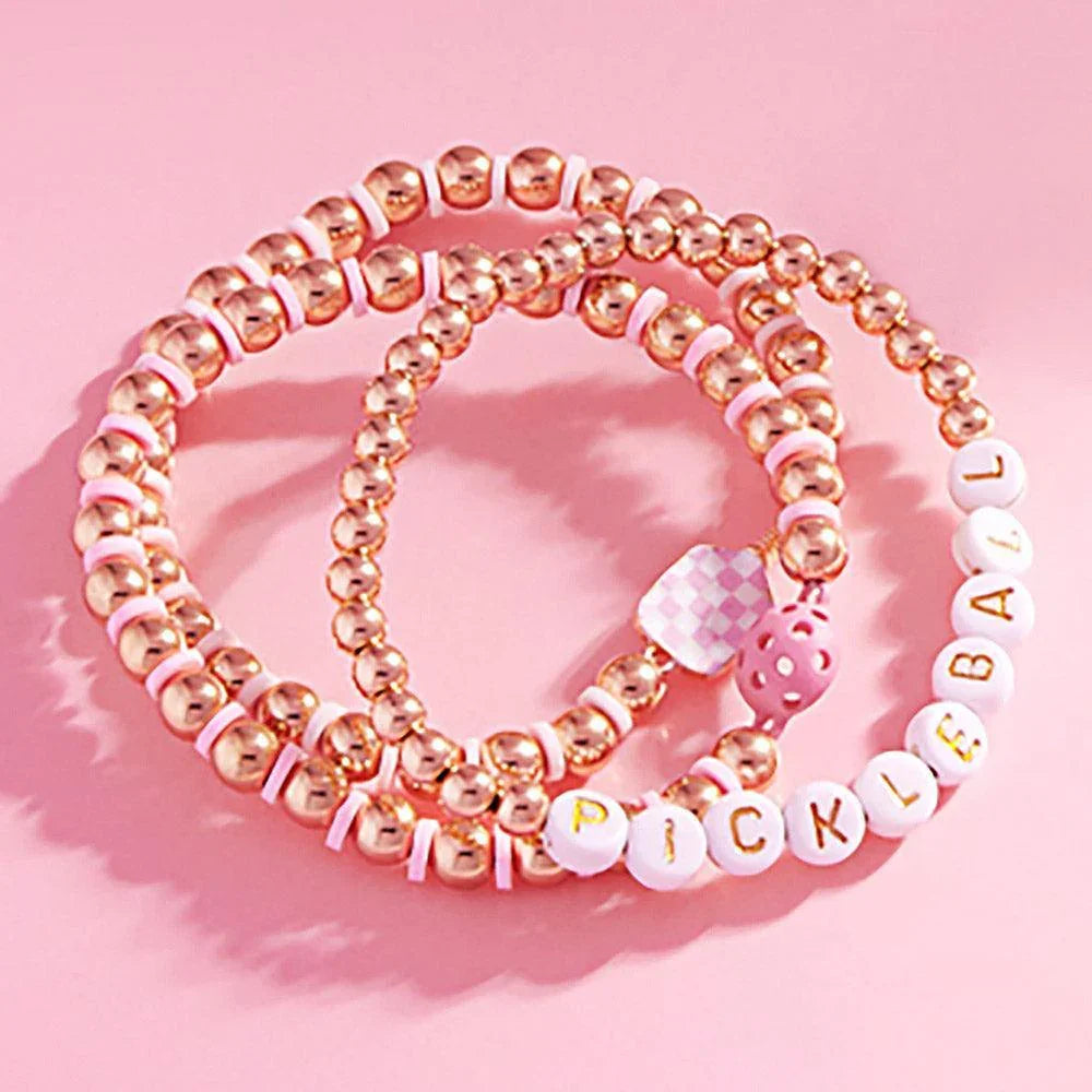 Pink 3PCS - Pickle Ball Message Enamel Pickle Ball Paddle Pointed Beaded Stretch Multi Layered Bracelets - Jewelry Store by Erik Rayo