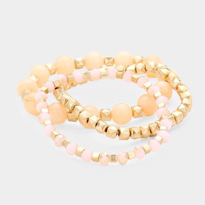 Pink 3PCS Semi Precious Stone Metal Bead Stretch Bracelets - Jewelry Store by Erik Rayo