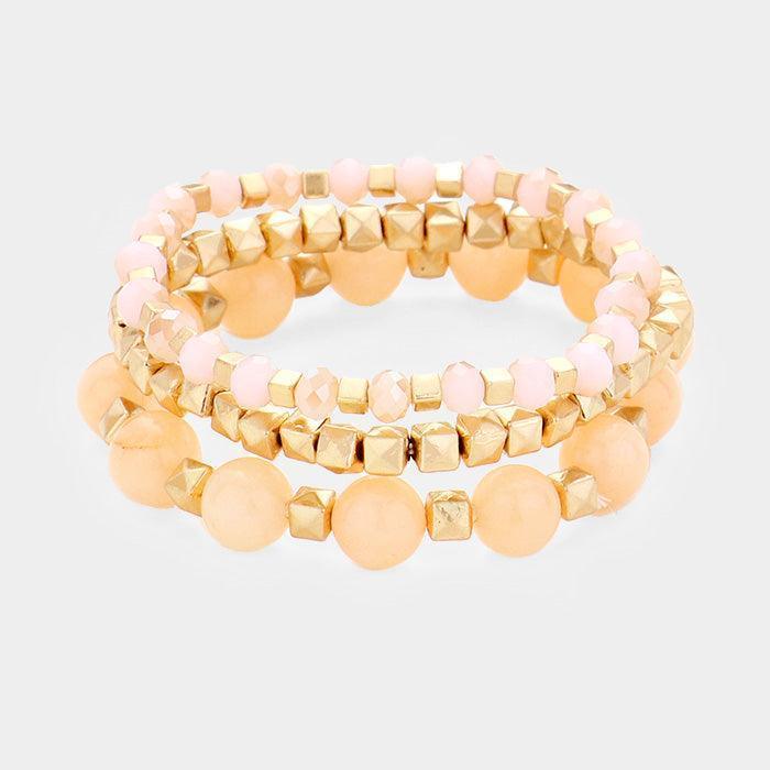 Pink 3PCS Semi Precious Stone Metal Bead Stretch Bracelets - Jewelry Store by Erik Rayo