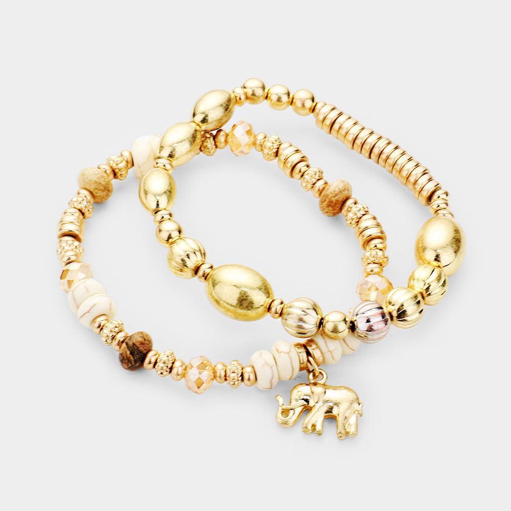 Gold 2PCS Natural Multi Bead Elephant Charm Stretch Layered Bracelets - Jewelry Store by Erik Rayo