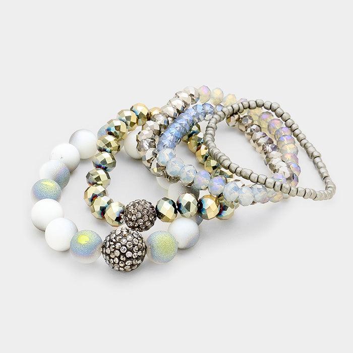 Gray 5PCS Multi Beaded Shamballa Accented Stretch Bracelets - Jewelry Store by Erik Rayo