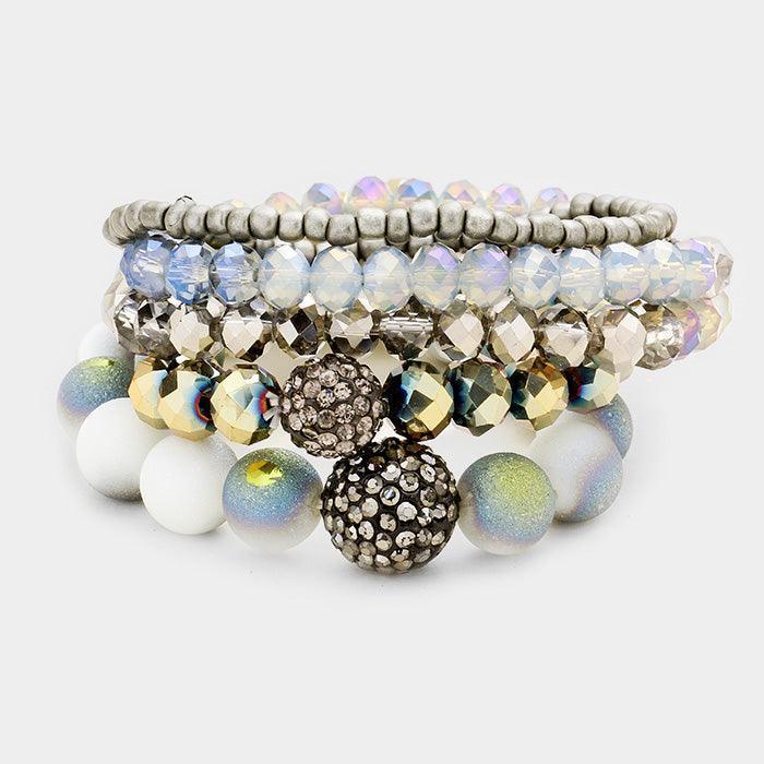 Gray 5PCS Multi Beaded Shamballa Accented Stretch Bracelets - Jewelry Store by Erik Rayo