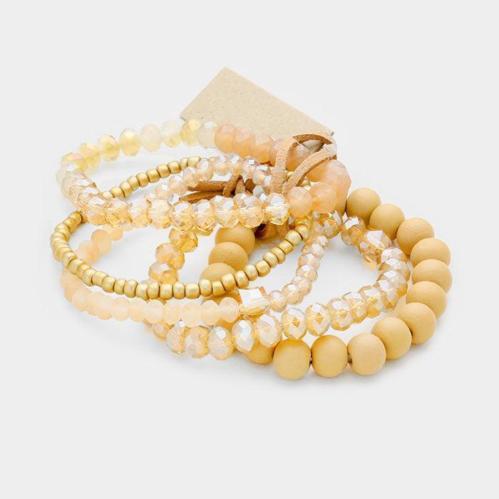 Beige 5PCS Multi Strand Wood Beaded Stretch Bracelets - Jewelry Store by Erik Rayo