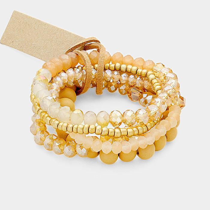Beige 5PCS Multi Strand Wood Beaded Stretch Bracelets - Jewelry Store by Erik Rayo
