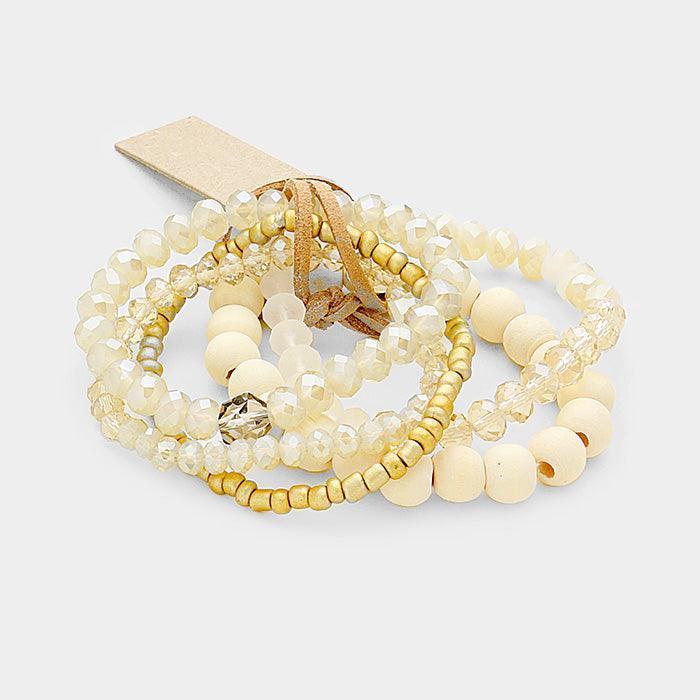 White 5PCS Multi Strand Wood Beaded Stretch Bracelets - Jewelry Store by Erik Rayo
