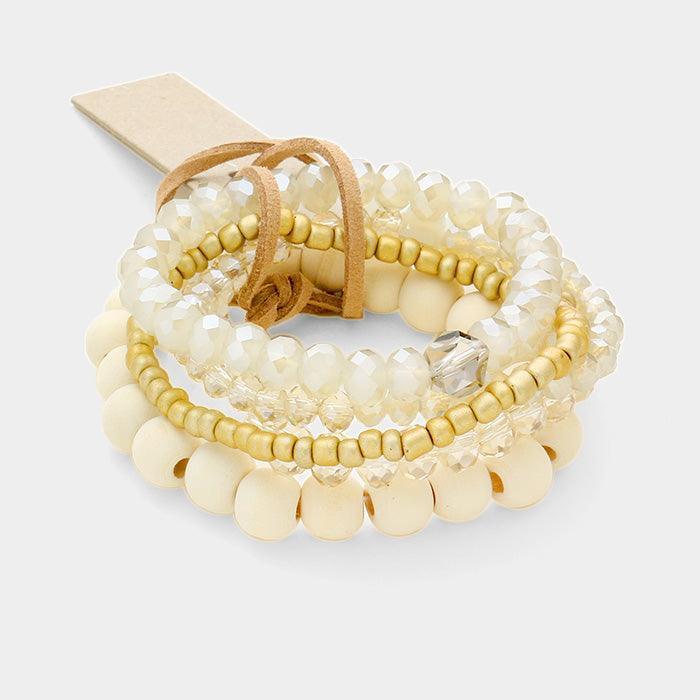 White 5PCS Multi Strand Wood Beaded Stretch Bracelets - Jewelry Store by Erik Rayo