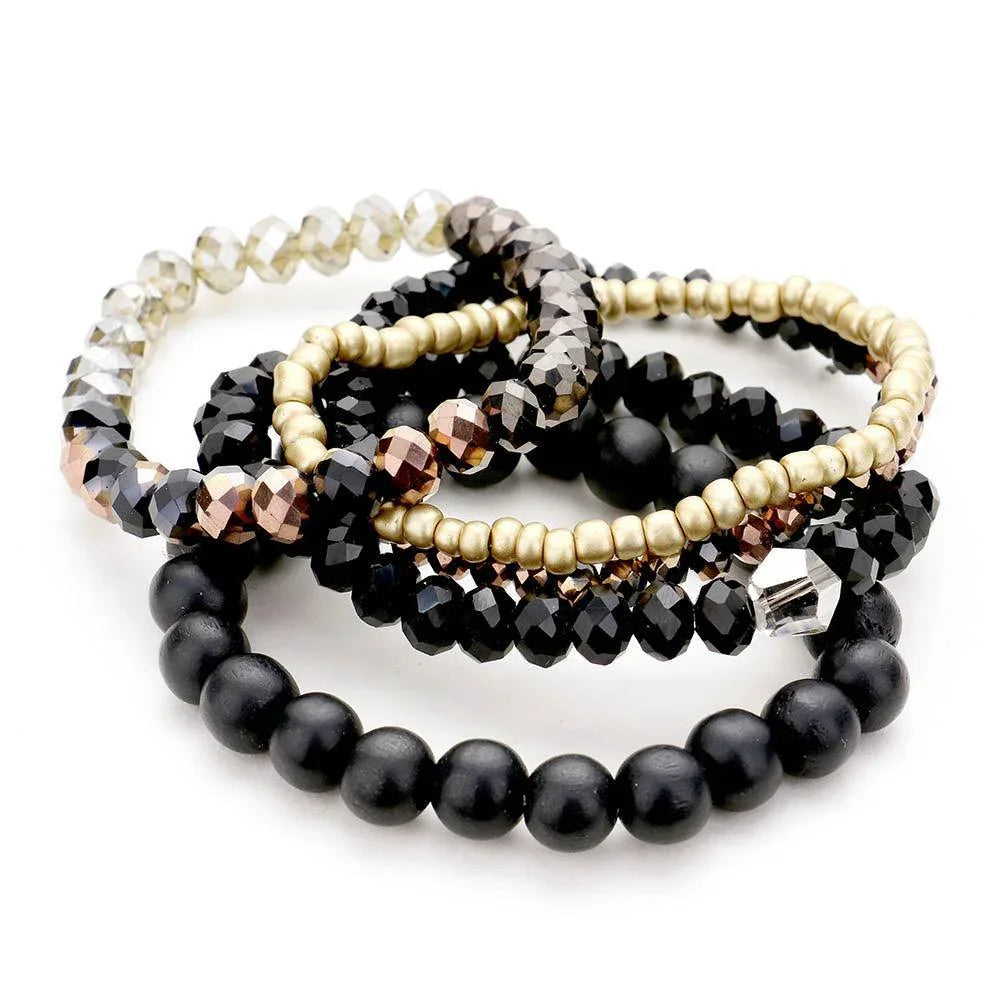 Black 5PCS Multi Strand Wood Beaded Stretch Bracelets - Jewelry Store by Erik Rayo