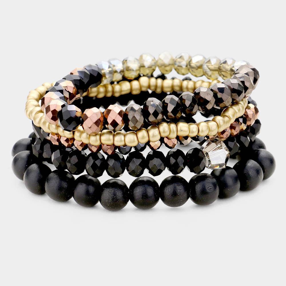 Black 5PCS Multi Strand Wood Beaded Stretch Bracelets - Jewelry Store by Erik Rayo