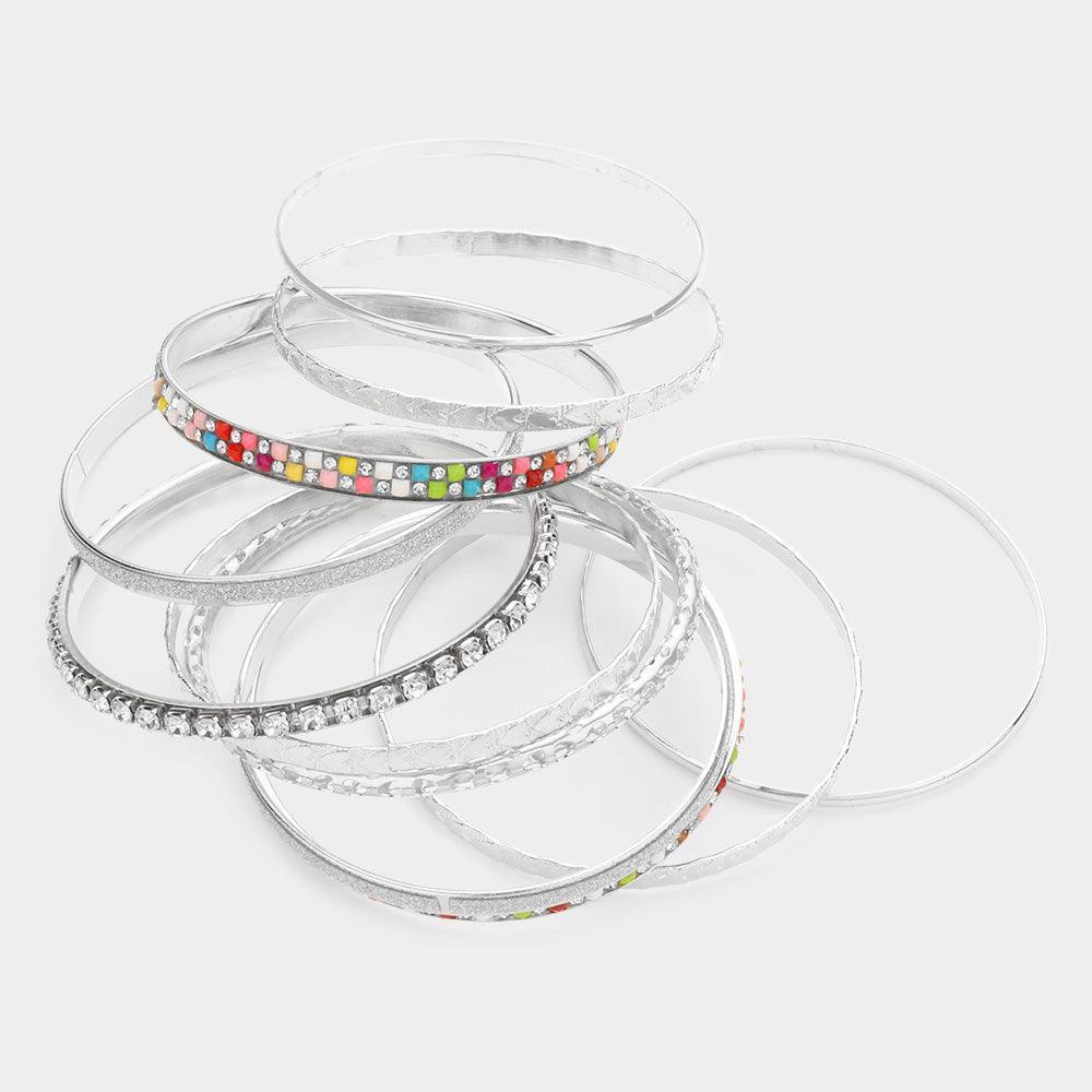 11PCS - Stackable Stone Embellished Metal Bangle Bracelets - Jewelry Store by Erik Rayo