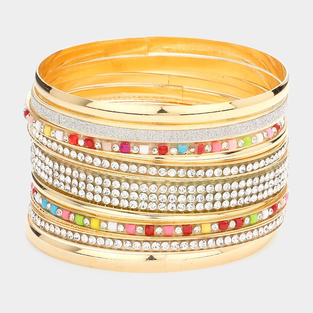 Gold 12PCS  Stackable Stone Embellished Metal Bangle Bracelets