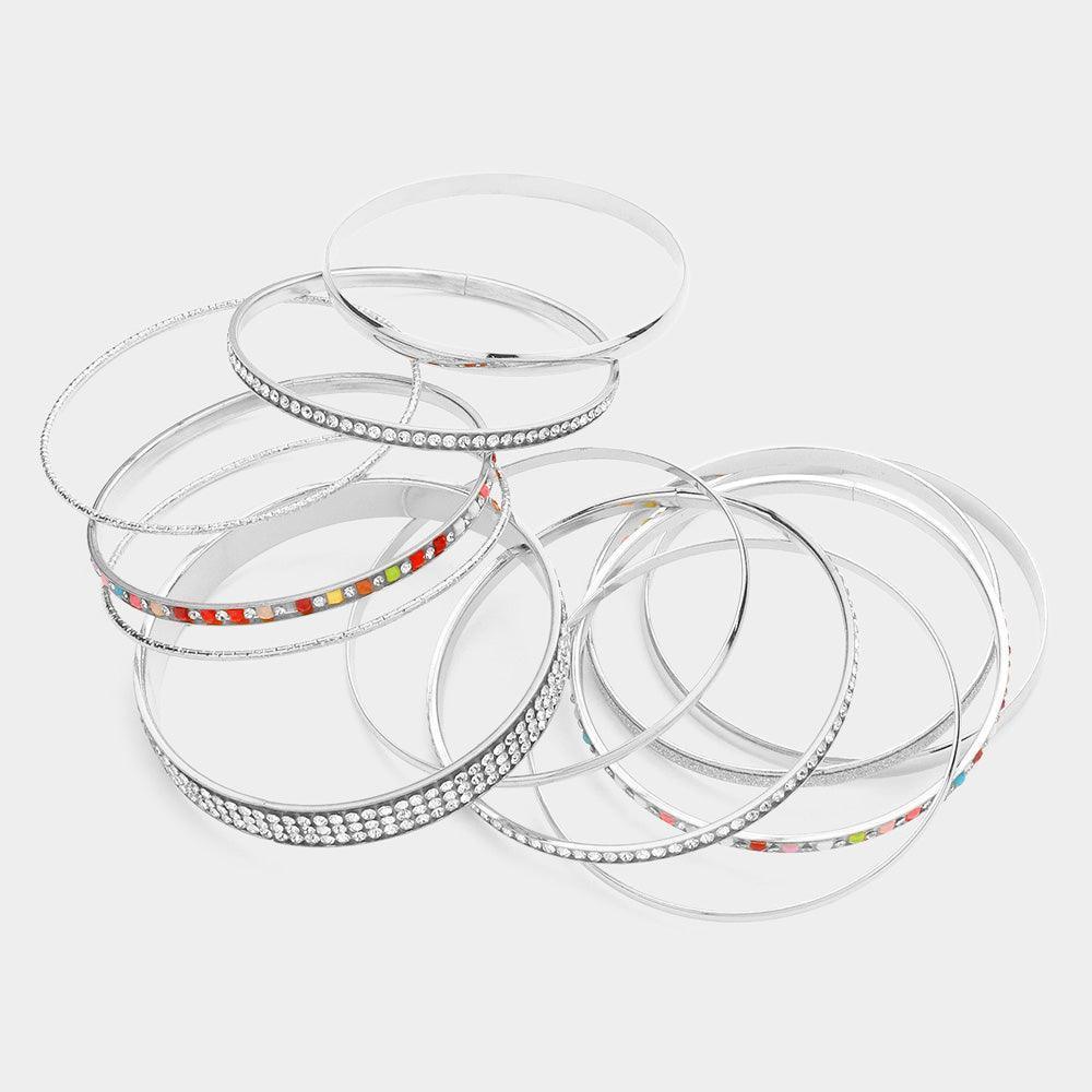 12PCS - Stackable Stone Embellished Metal Bangle Bracelets - Jewelry Store by Erik Rayo