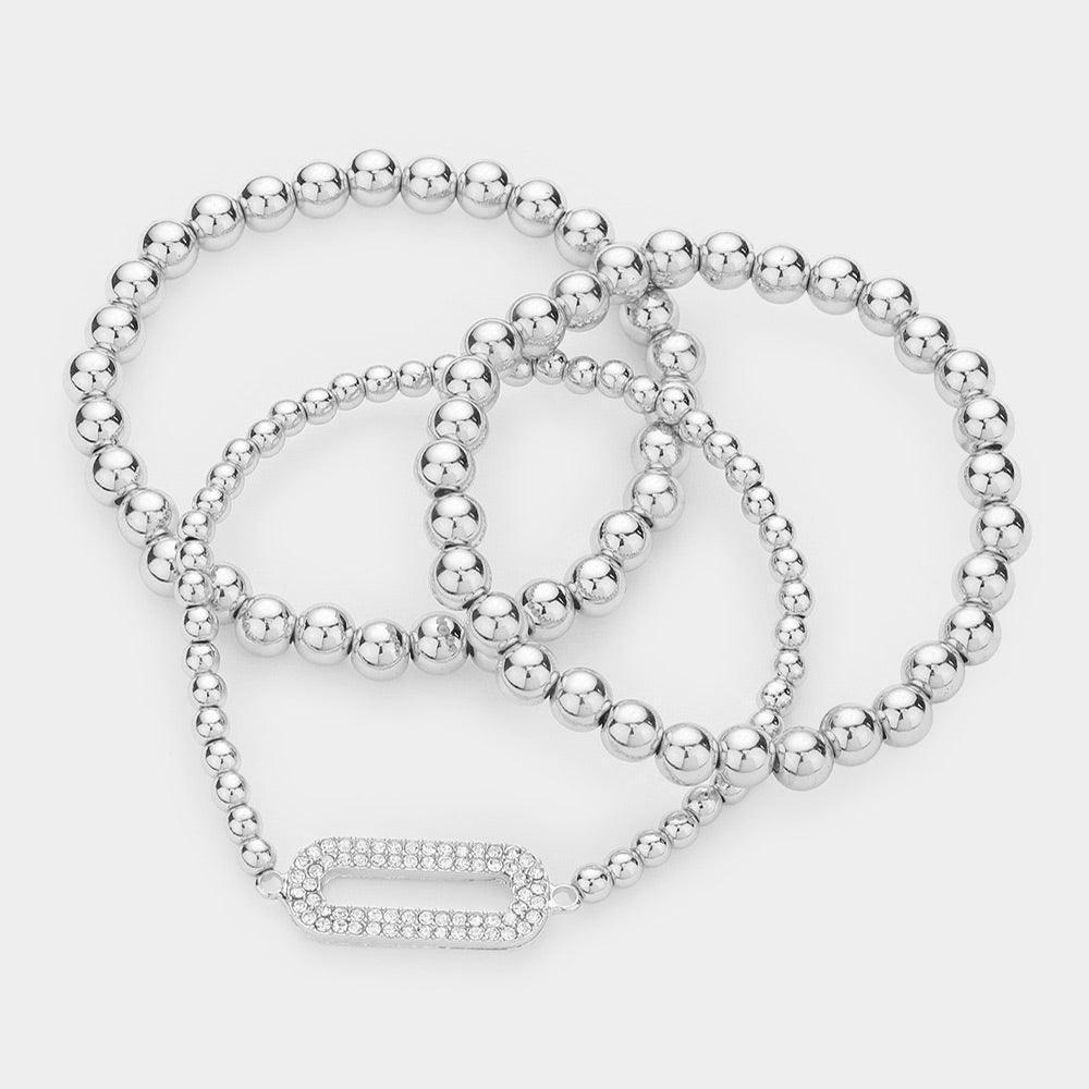 3PCS - Rhinestone Embellished Open Oval Accented Metal Ball Stretch Bracelets - Jewelry Store by Erik Rayo