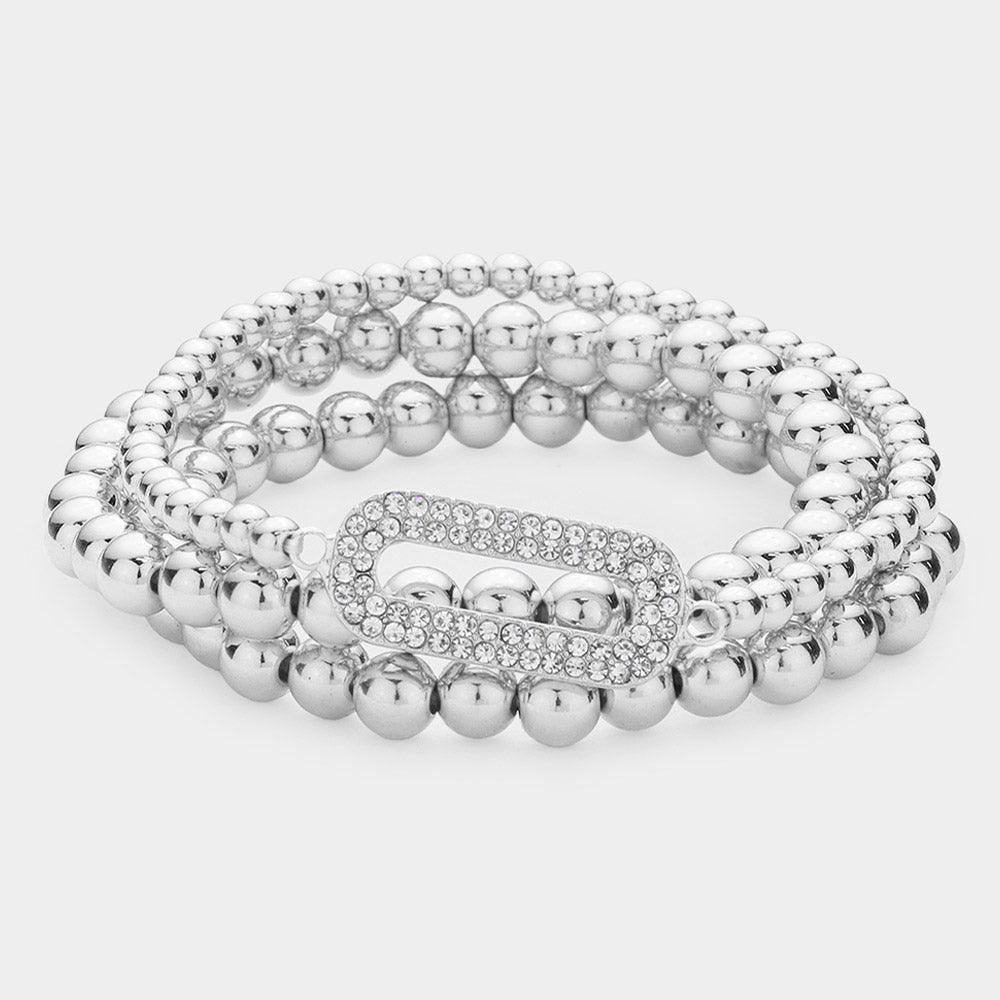 3PCS - Rhinestone Embellished Open Oval Accented Metal Ball Stretch Bracelets - Jewelry Store by Erik Rayo