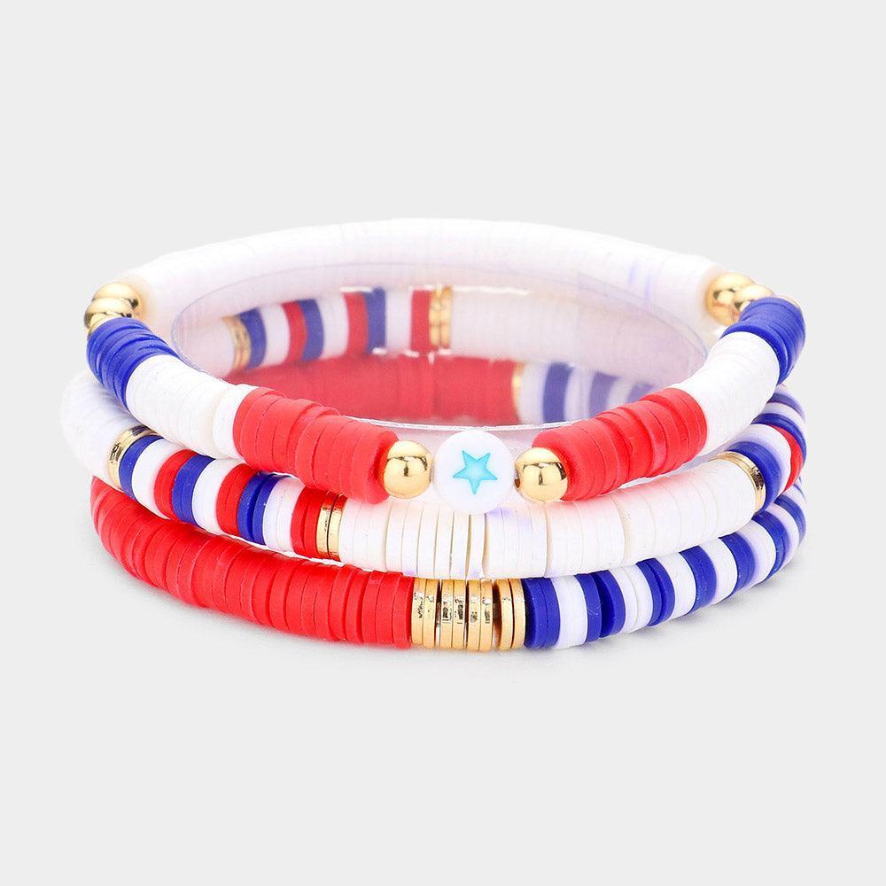 3PCS - American USA Flag Heishi Beads Multi Layered Bracelets - Jewelry Store by Erik Rayo