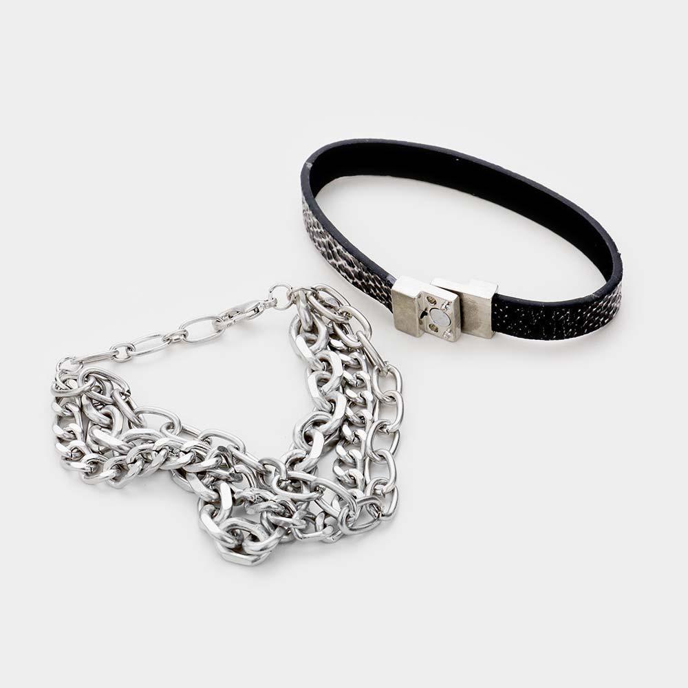 Silver 
2PCS Snake Skin Magnetic and Metal Chain Layered Bracelets - Jewelry Store by Erik Rayo