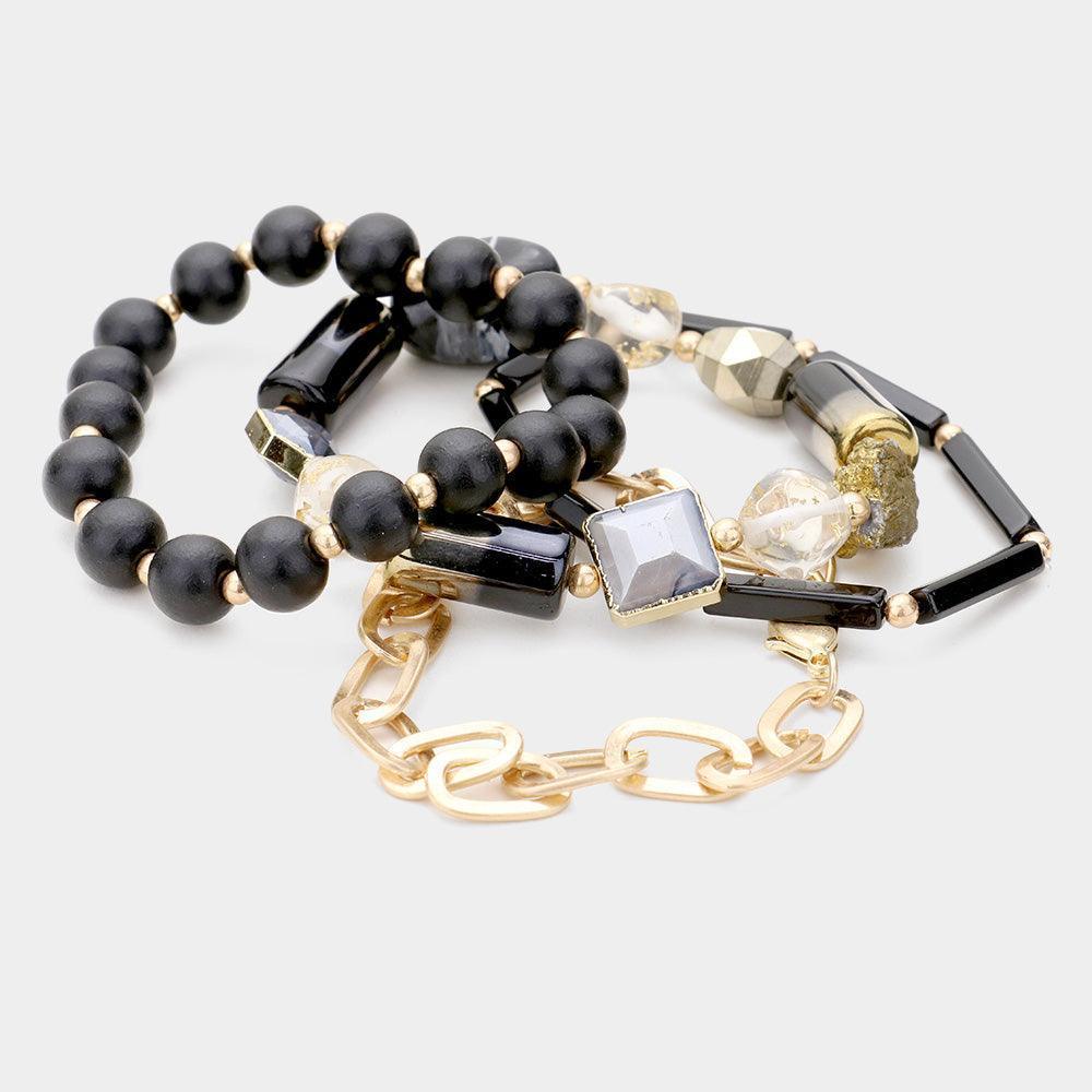 Black 4PCS Multi Bead Open Metal Oval Link Layered Bracelets - Jewelry Store by Erik Rayo