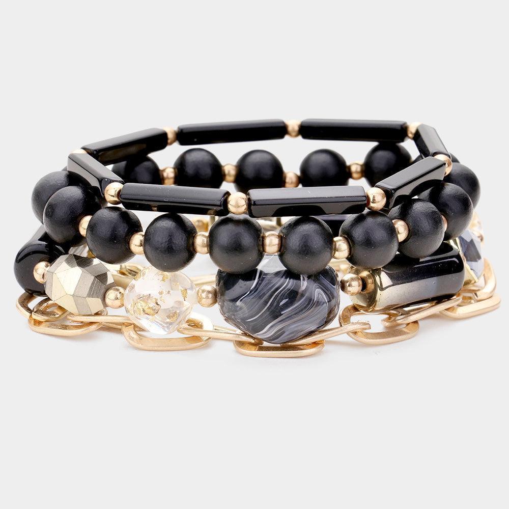 Black 4PCS Multi Bead Open Metal Oval Link Layered Bracelets - Jewelry Store by Erik Rayo