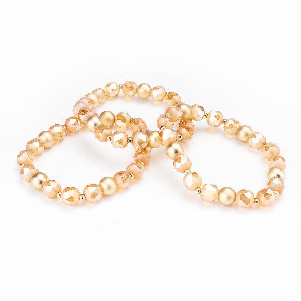 Peach 3PCS Glass Bead Metal Ball Stretch Bracelets - Jewelry Store by Erik Rayo