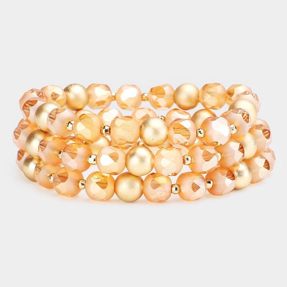 Peach 3PCS Glass Bead Metal Ball Stretch Bracelets - Jewelry Store by Erik Rayo