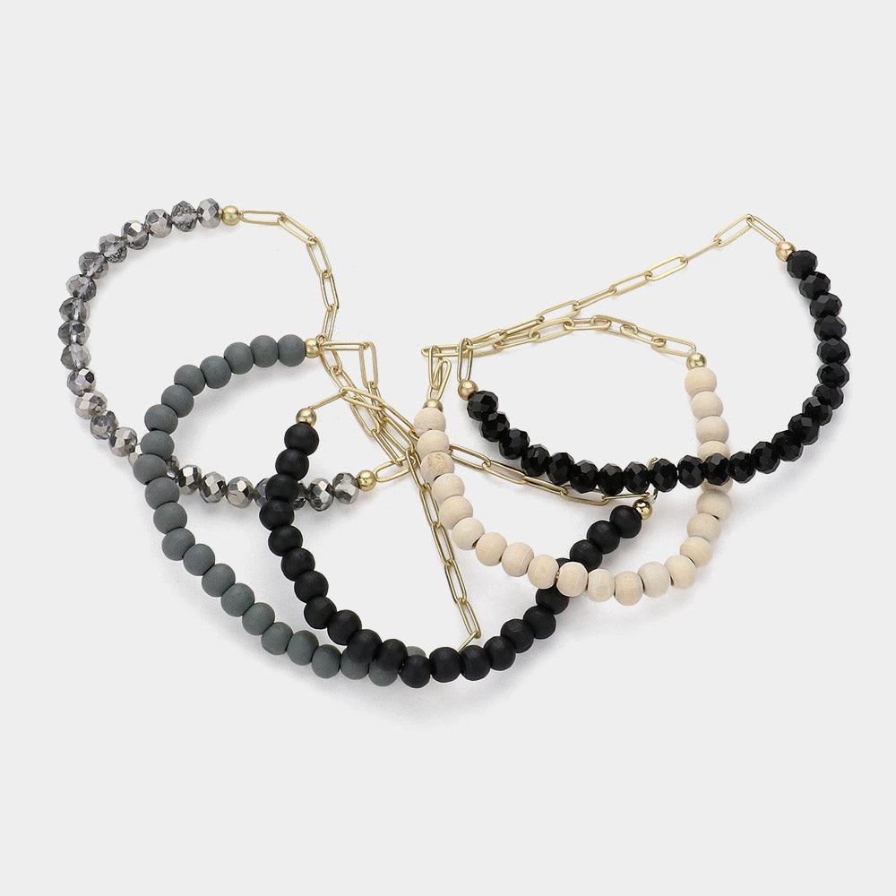 Black 5PCS Faceted Beaded Wood Metal Paperclip Stretch Multi Layered Bracelets - Jewelry Store by Erik Rayo