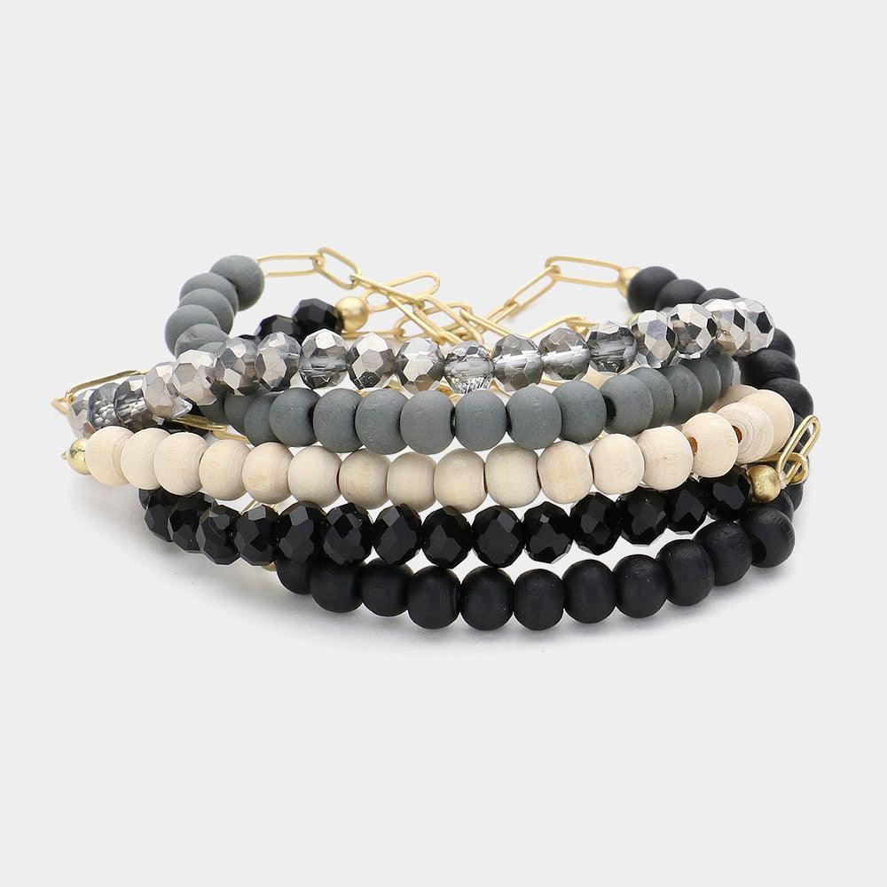 Black 5PCS Faceted Beaded Wood Metal Paperclip Stretch Multi Layered Bracelets - Jewelry Store by Erik Rayo