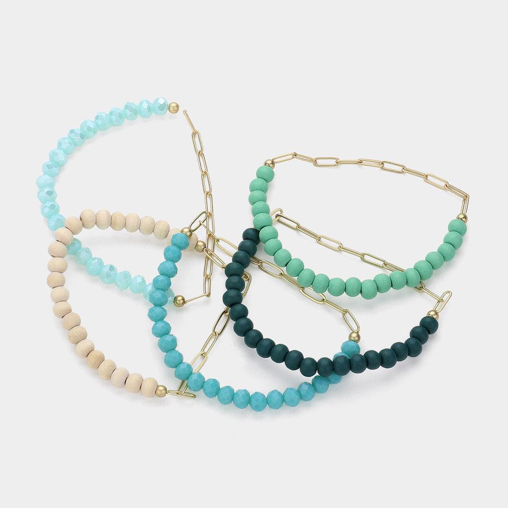 Turquoise 5PCS - Faceted Beaded Wood Metal Paperclip Stretch Multi Layered Bracelets - Jewelry Store by Erik Rayo