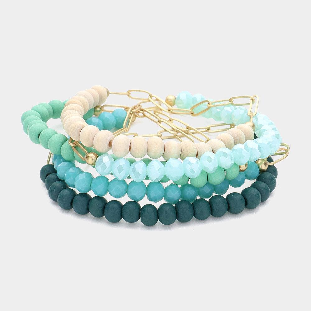 Turquoise 5PCS - Faceted Beaded Wood Metal Paperclip Stretch Multi Layered Bracelets - Jewelry Store by Erik Rayo