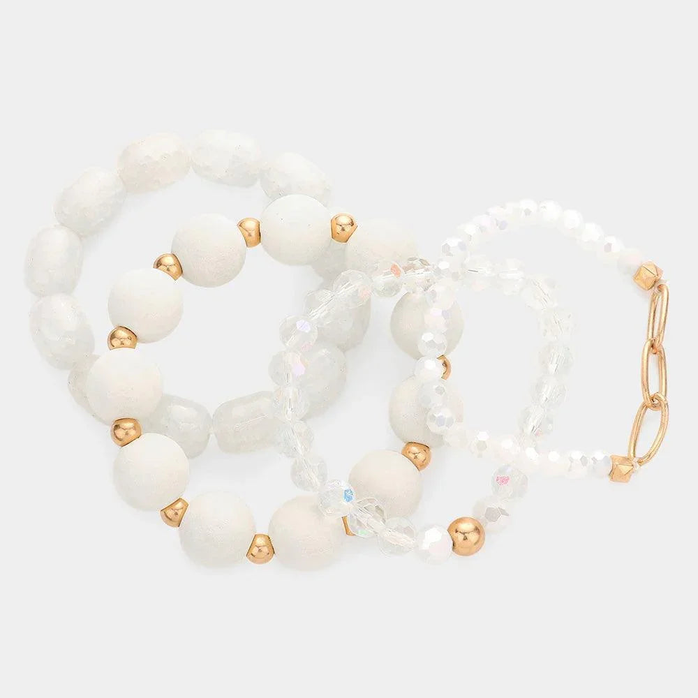 White 4PCS - Wood Natural Stone Faceted Beaded Stretch Bracelets - Jewelry Store by Erik Rayo