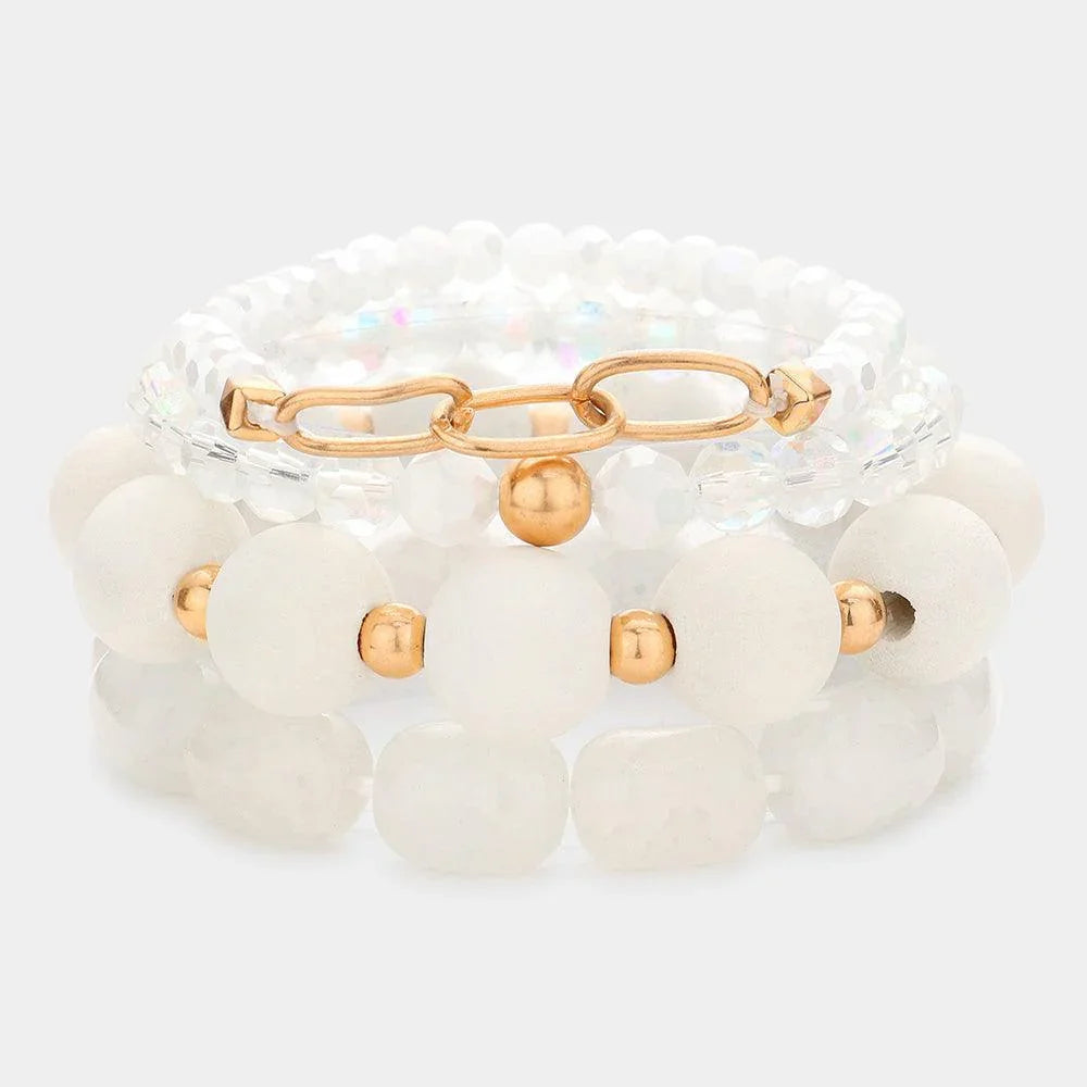 White 4PCS - Wood Natural Stone Faceted Beaded Stretch Bracelets - Jewelry Store by Erik Rayo