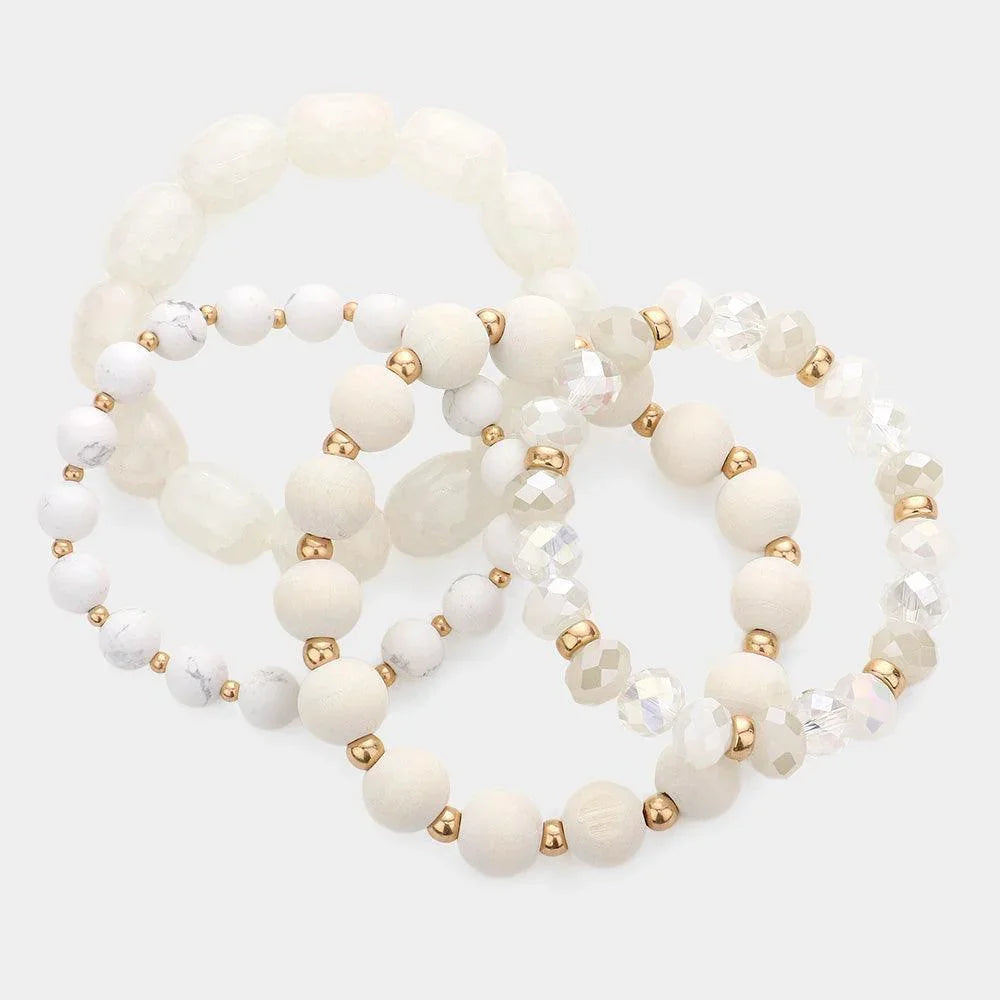 White 4PCS - Semi Precious Wood Faceted Beaded Stretch Bracelets - Jewelry Store by Erik Rayo