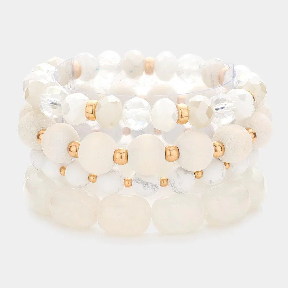 White 4PCS - Semi Precious Wood Faceted Beaded Stretch Bracelets - Jewelry Store by Erik Rayo