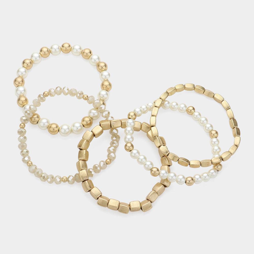 Cream 5PCS Pearl Pointed Metal Stretch Multi Layered Bracelets - Jewelry Store by Erik Rayo