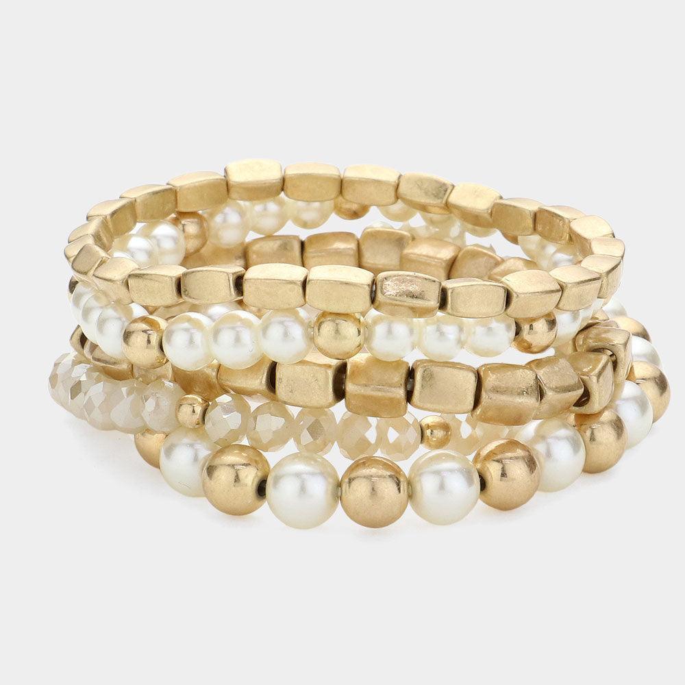 Cream 5PCS Pearl Pointed Metal Stretch Multi Layered Bracelets - Jewelry Store by Erik Rayo