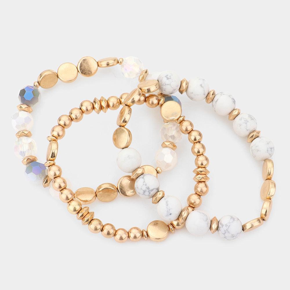 White 3PCS - Semi Precious Accented Beaded Stretch Bracelets - Jewelry Store by Erik Rayo