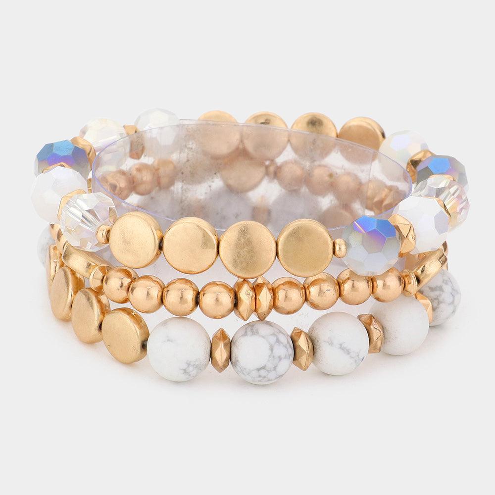 White 3PCS - Semi Precious Accented Beaded Stretch Bracelets - Jewelry Store by Erik Rayo