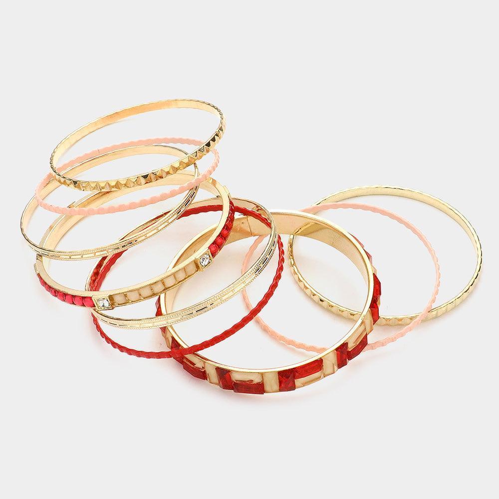 Peach 9PCS Crystal Enamel Geometric Multi Layered Bracelets - Jewelry Store by Erik Rayo