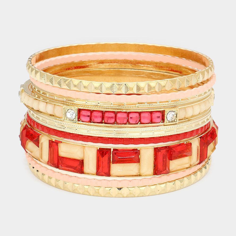 Peach 9PCS Crystal Enamel Geometric Multi Layered Bracelets - Jewelry Store by Erik Rayo