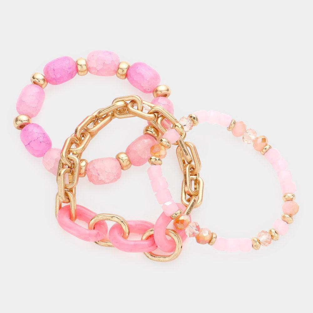 Pink 3PCS - Natural Stone Open Metal Oval Link Stretch Bracelets - Jewelry Store by Erik Rayo