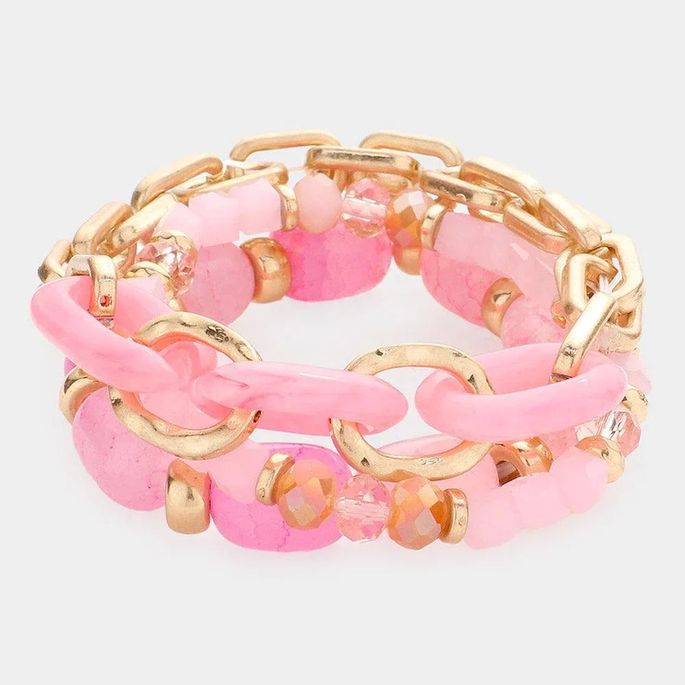 Pink 3PCS - Natural Stone Open Metal Oval Link Stretch Bracelets - Jewelry Store by Erik Rayo