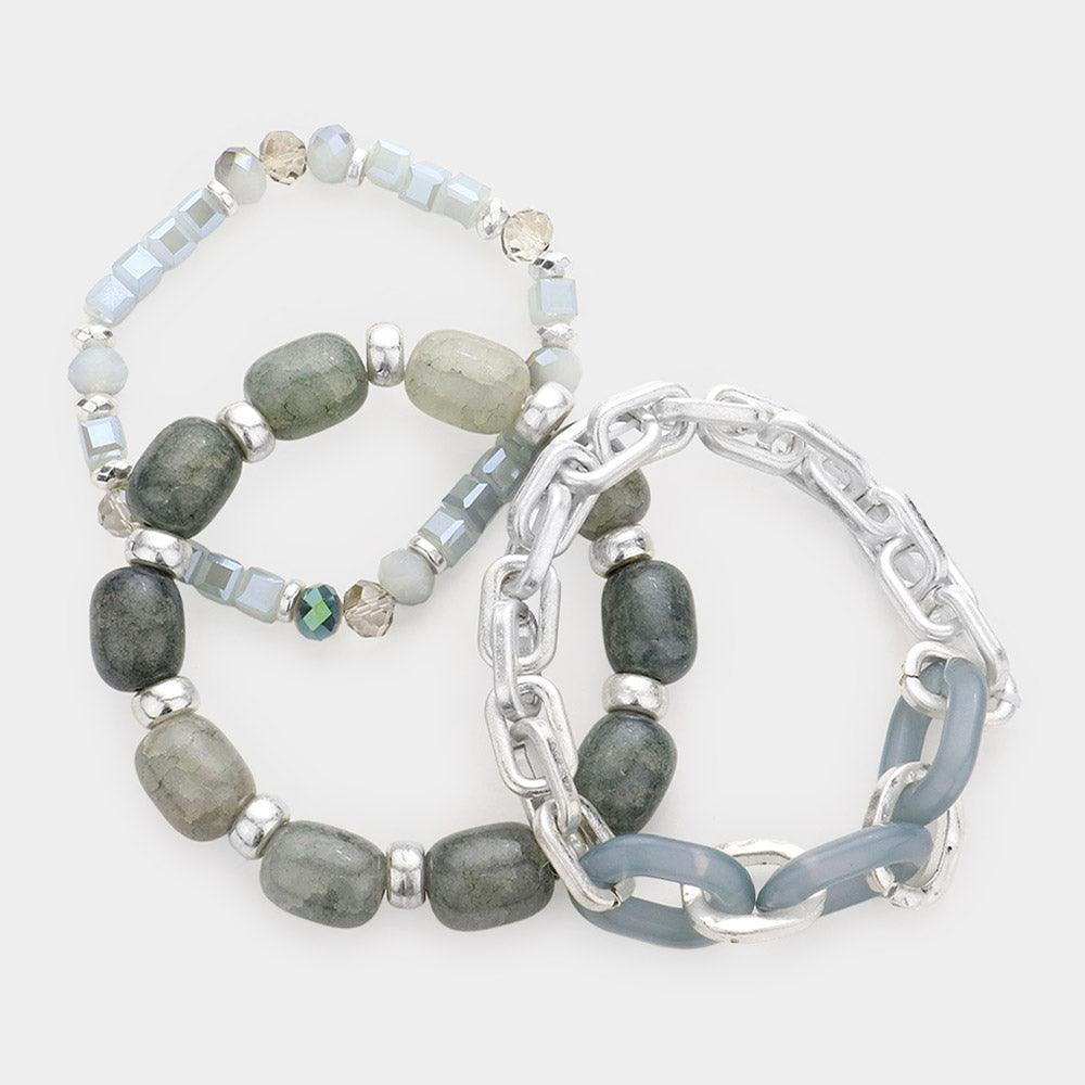 3PCS - Natural Stone Open Metal Oval Link Stretch Bracelets - Jewelry Store by Erik Rayo