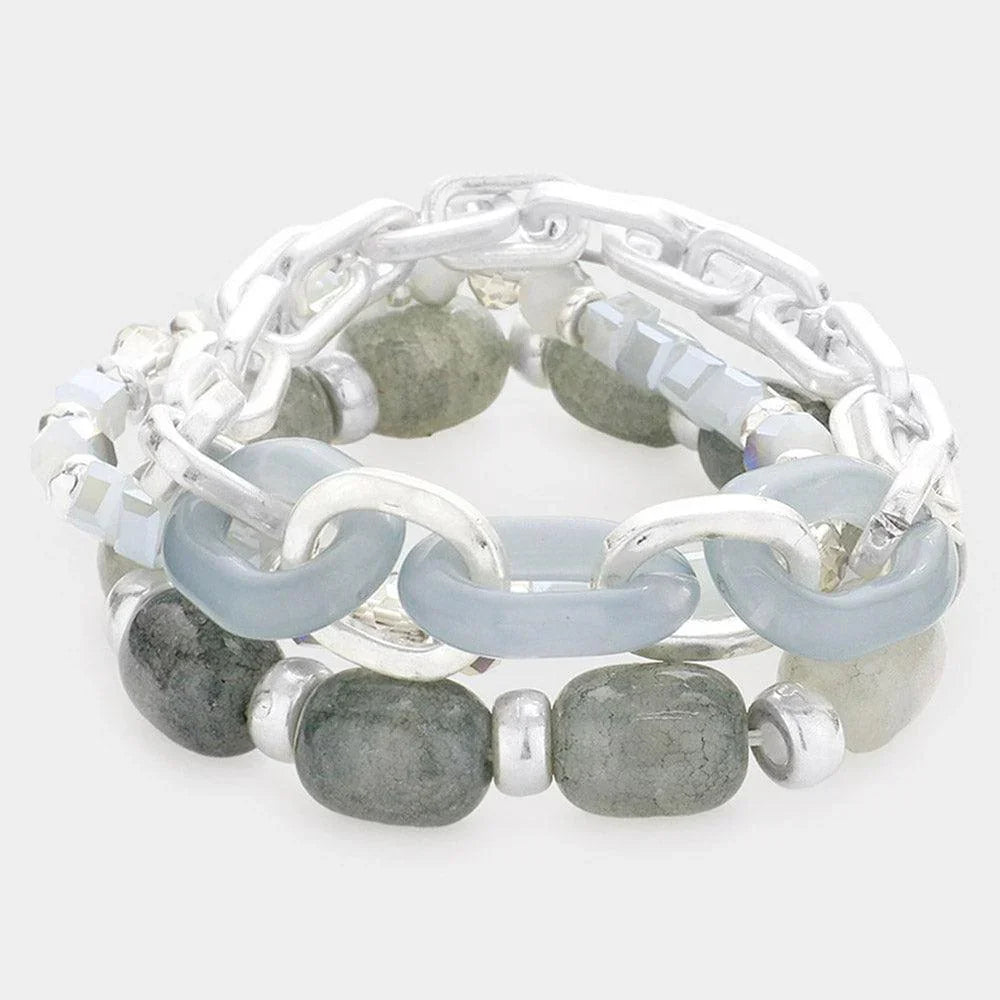 3PCS - Natural Stone Open Metal Oval Link Stretch Bracelets - Jewelry Store by Erik Rayo