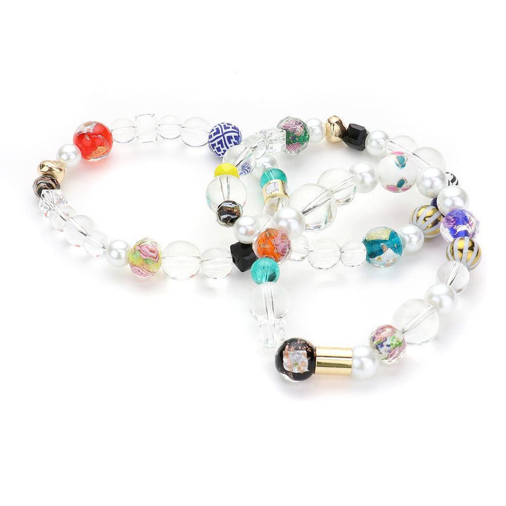 3PCS Patterned Bead Accented Pearl Clear Lucite Ball Stretch Bracelets - Jewelry Store by Erik Rayo
