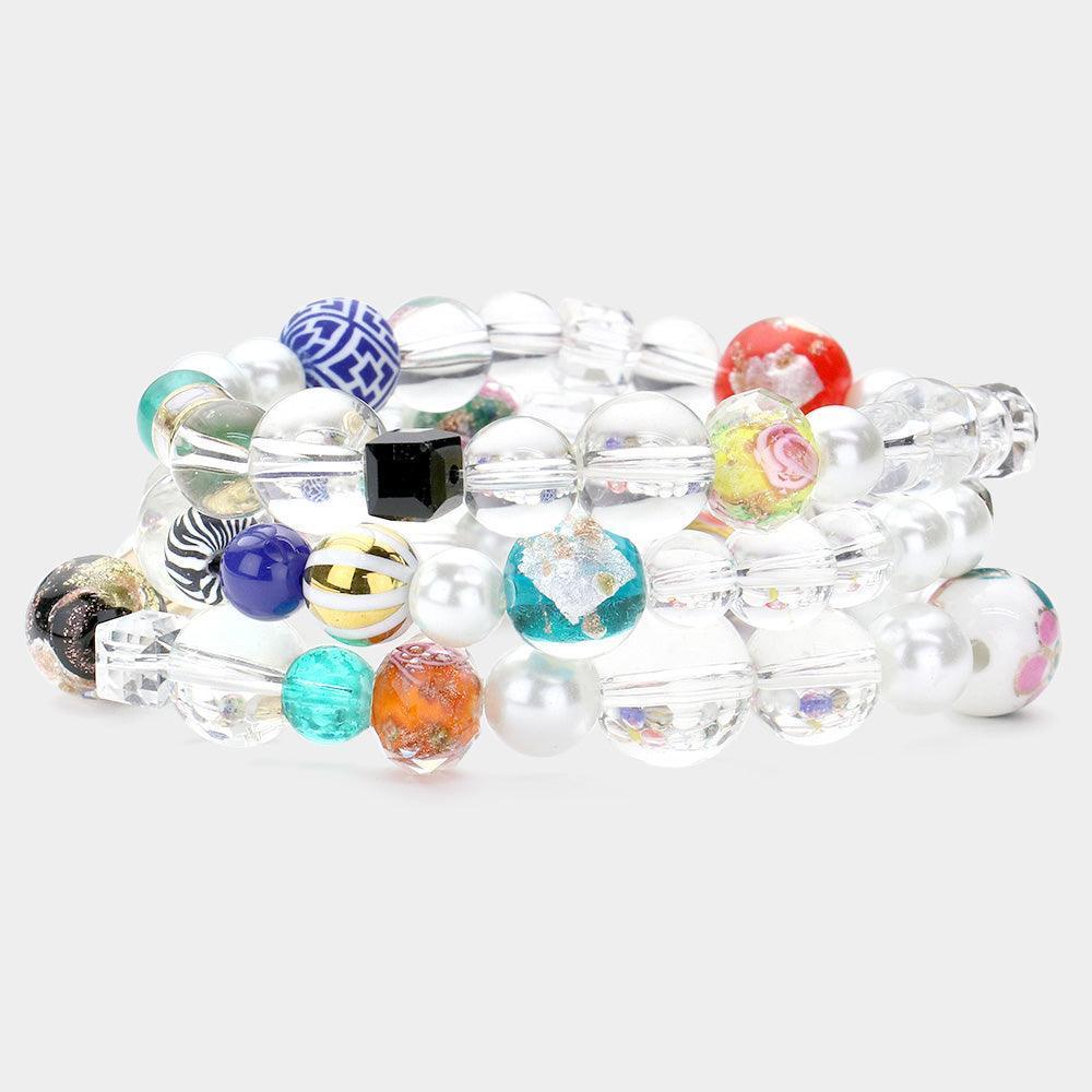 3PCS Patterned Bead Accented Pearl Clear Lucite Ball Stretch Bracelets - Jewelry Store by Erik Rayo