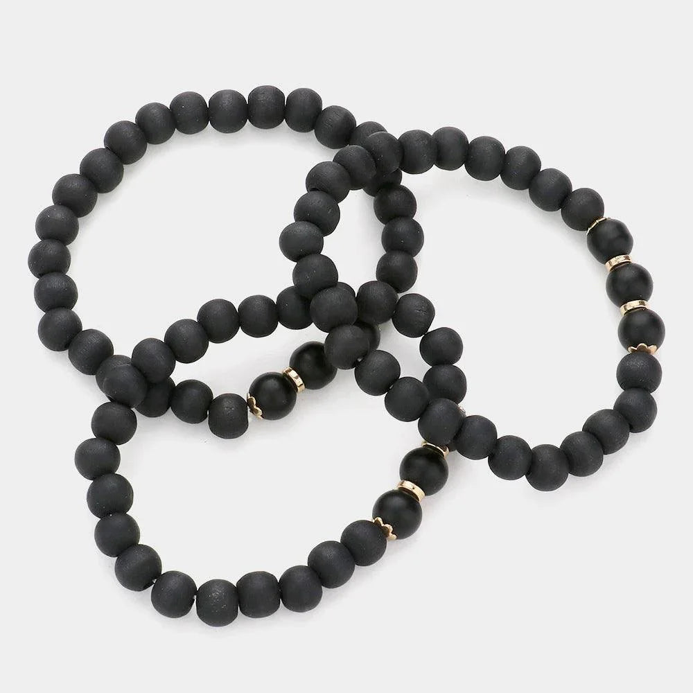 Black 3PCS Natural Stone Accented Wood Ball Stretch Bracelets - Jewelry Store by Erik Rayo