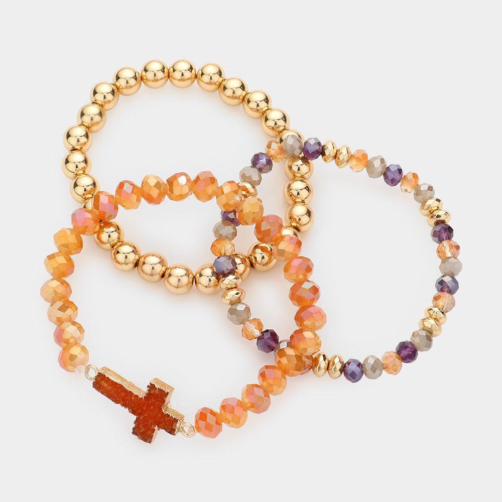 Brown 3PCS - Druzy Cross Accented Metal Ball Faceted Beaded Stretch Bracelets - Jewelry Store by Erik Rayo