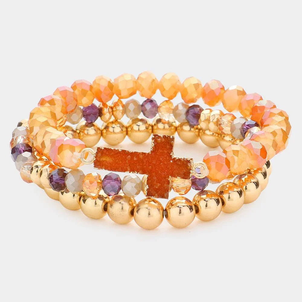 Brown 3PCS - Druzy Cross Accented Metal Ball Faceted Beaded Stretch Bracelets - Jewelry Store by Erik Rayo