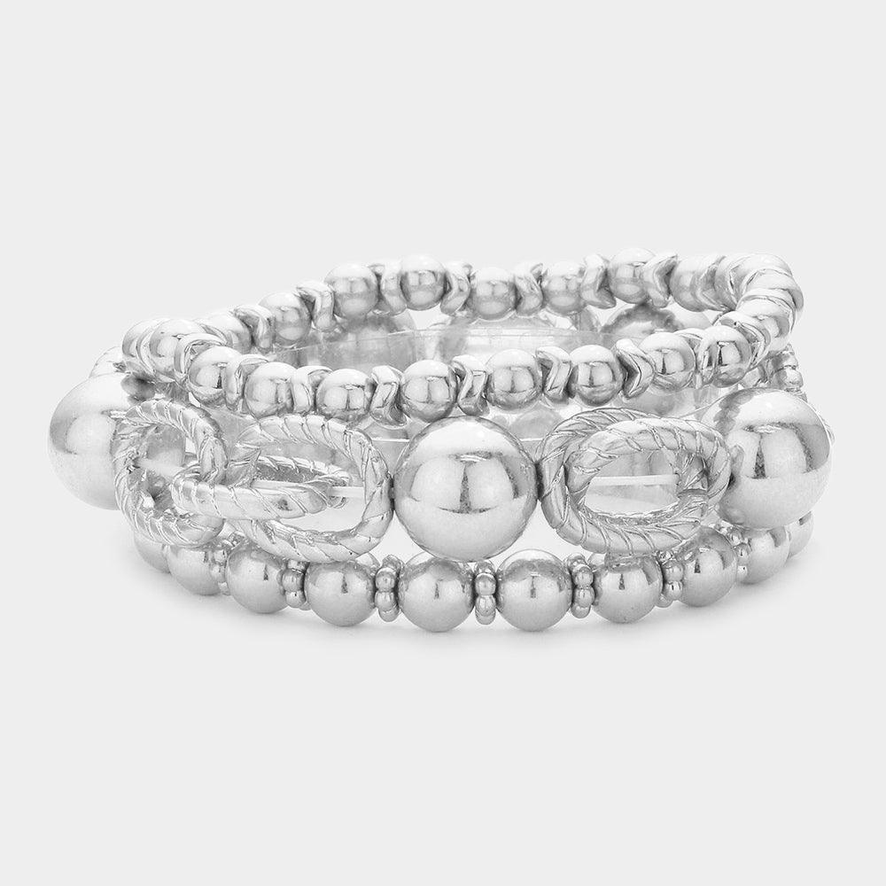 Silver 3PCS  Metal Ball Stretch Multi Layered Bracelets