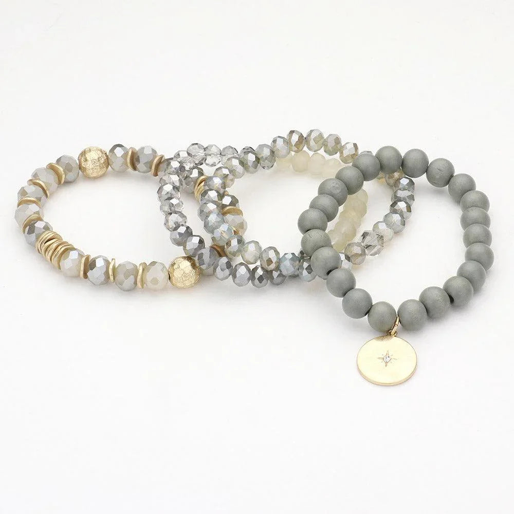 Gray 4PCS North Star Accented Round Charm Wood Faceted Beaded Stretch Bracelets - Jewelry Store by Erik Rayo